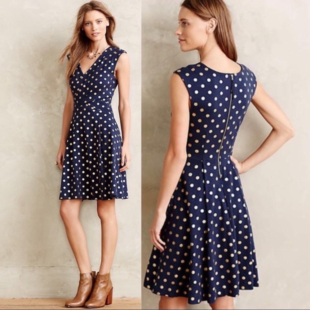 Anthropologie Maeve Ophira Polka Dot Dress S Navy Gold